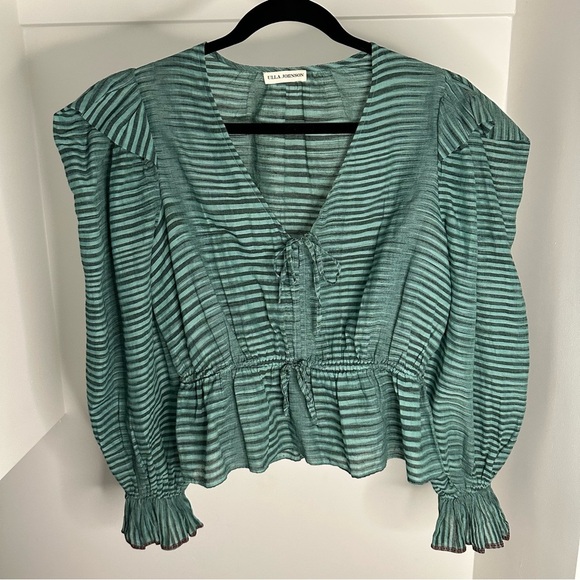 ULLA JOHNSON Ophelia gathered striped cotton-voile peplum blouse SZ US 4 - Picture 9 of 9